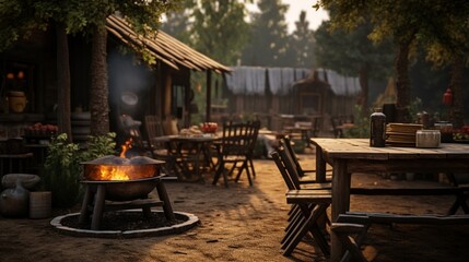 Fototapeta na wymiar Tables, plastic chairs and a brazier for cooking of a barbecue near a wooden mass production village cottage. Selective art focus 8k,