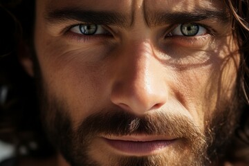 Jesus Christ close-up portrait with a gaze. Religious concept with selective focus and copy space - Powered by Adobe