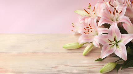  a bouquet of pink lilies on a wooden table with a pink background.  generative ai