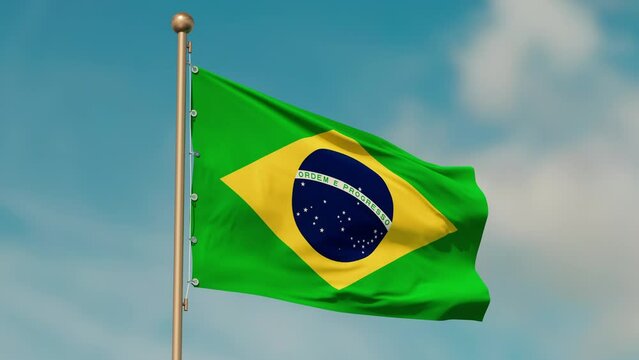 Flag of Brazil, looped and seamless. Fabric texture, realistic wind, bottom view. Close-up.