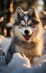  Siberian Husky puppies play winter. Caring