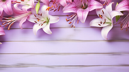  a bunch of pink lilies on a purple wooden background.  generative ai