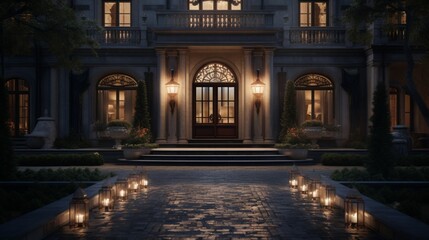 The front entry to a beautiful mansion with interiors illuminated, taken ad dusk 8k,