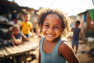 A smiling girl in a brazilian slum - obrazy, fototapety, plakaty