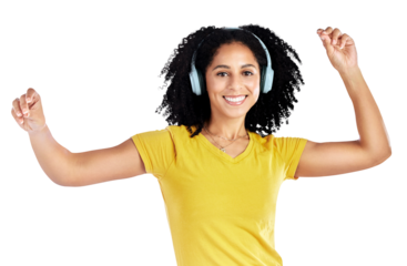 Dance, music and portrait of woman with headphones in studio on isolated, transparent or png background. Freedom, energy and face of female model listening to radio, podcast or streaming audio track