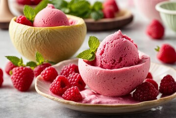 A Sweet Delight: Bowl of Creamy Ice Cream Topped with Fresh Raspberries