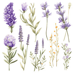 Fototapeta na wymiar Set of watercolor drawing of lavender flowers and leaves isolated on white background in various shapes and designs