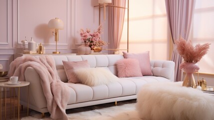 the latest fashion home trends in an ultra modern elegant interior of a cozy studio in soft pastel colors. close-ups of a stylish living area with golden elements 8k,