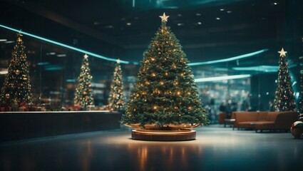 A Festive Christmas Tree Lighting Up a Grand Lobby