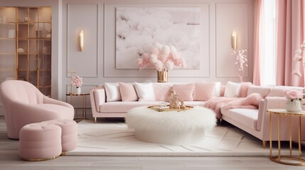 Fototapeta na wymiar the latest fashion home trends in an ultra modern elegant interior of a cozy studio in soft pastel colors. close-ups of a stylish living area with golden elements 8k,