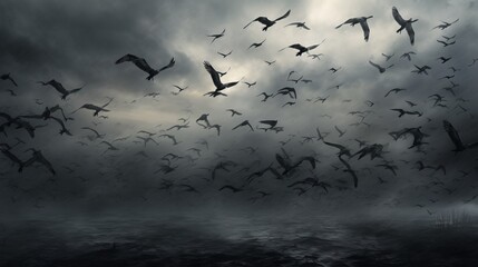 Flock of birds flying in a foggy sea.