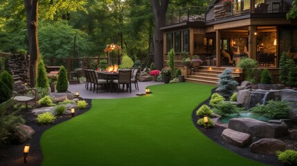 This beautiful backyard woodland garden features a maintenance free lawn made of realistic looking artificial grass, a huge landscaping trend for small spaces. 8k,