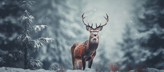 Christmas background with a deer standing in a snowy forest. winter wonderland, banner background xmas card, copy space for text - obrazy, fototapety, plakaty