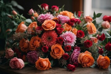 A Colorful Bouquet of Fresh Flowers on a Rustic Wooden Table
