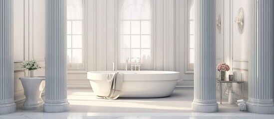 Fototapeta na wymiar Interior design white bathroom, White tub and white marble. AI generated image
