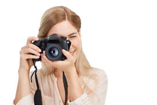 Isolated photographer girl, camera and shooting with smile, creativity and art by transparent png background. Woman, photography and journalist job for newspaper, magazine and paparazzi photoshoot