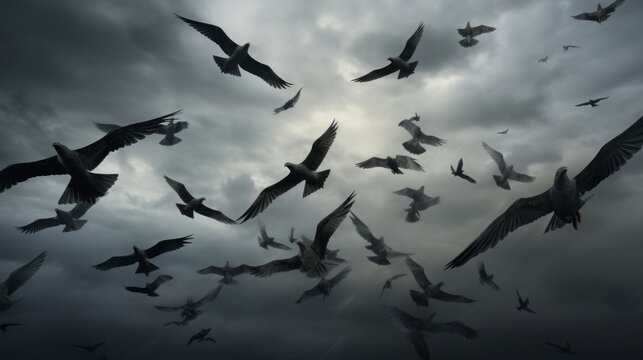 Silhouette of birds flying through a surreal gray sky