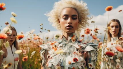 Fashion runway in a blooming meadow, with models wearing floral-inspired avant-garde outfits - obrazy, fototapety, plakaty