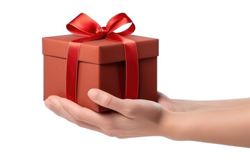 Hand holding gift box with red ribbon isolated on transparent background.