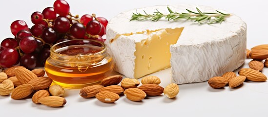 Fototapeta na wymiar Camembert and curd placed on a white fabric accompanied by a selection of cheeses peanuts and honey spread out on a white surface Also cheese pomegranate seeds and nuts are part of this asso