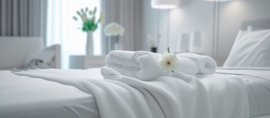 Fototapeta na wymiar Close up white towel on bed in bedroom decoration. AI generated image