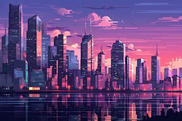 Fotobehang Pixel art illustration of a modern city skyline with skyscrapers, neon lights and waterfront, creating a vibrant and futuristic cityscape. © Iryna