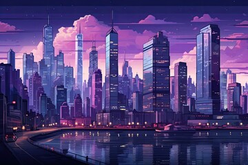 Pixel illustration of a futuristic night city with neon lighting, skyscrapers, river and cyberpunk aesthetics.
