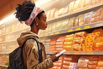 A shopper, a young black girl, in a supermarket carefully examines and compares products and prices.