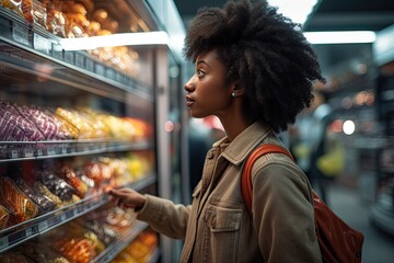 A black woman shopping for fresh and healthy food at the supermarket makes her choice.