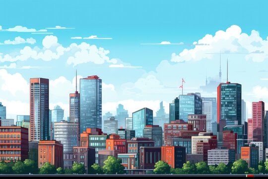 Pixel art illustration of a modern city skyline with skyscrapers, bright blue sky and bustling city scene on a sunny day.