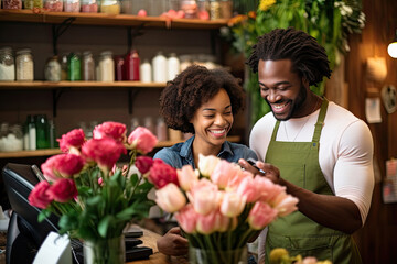 Happy, diverse couple, man and woman, smiling while working in a
