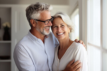 An elderly couple in their 60s hugs lovingly at home, showing th - 672358569