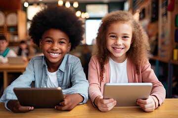 Two young children, brother and sister, sit together at a table and use a digital tablet for educational entertainment.