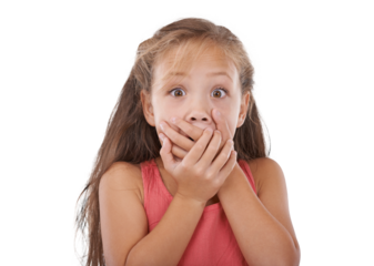 Child, scared and hands on mouth for fear, shock and portrait for mistake with secret danger. Young girl, face and fake news, crisis problem and horror with isolated on transparent png background