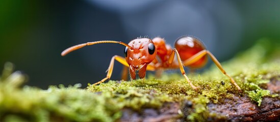 Close up macro shot of a red ant transporting a larva on the ground in its natural habitat - obrazy, fototapety, plakaty