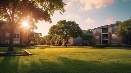 View from grassy backyard of a typical apartment complex building Sunset with warm light. Panorama style. 8k, - obrazy, fototapety, plakaty