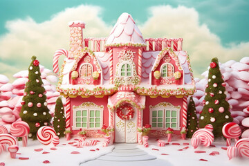 
Gingerbread house with cute gingerbread man, Christmas theme, lots of candy, Christmas tree with wrapped gifts. Bright sunny day. Full