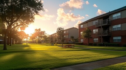 View from grassy backyard of a typical apartment complex building in suburban area at Humble, Texas, US. Sunset with warm light. Panorama style. 8k, - obrazy, fototapety, plakaty