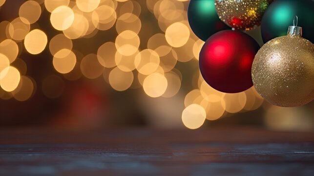  a close up of a bunch of christmas ornaments in front of a boket of lights in the background.  generative ai