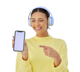 Happy woman, phone mockup and headphones, pointing at mobile app and isolated on transparent png background. Girl with smile, listening to music and online streaming on smartphone, display or screen.