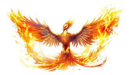 Phoenix on fire png, isolated on white or transparent background, bird burning - obrazy, fototapety, plakaty