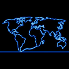 Glowing neon blue world map icon neon glow concept