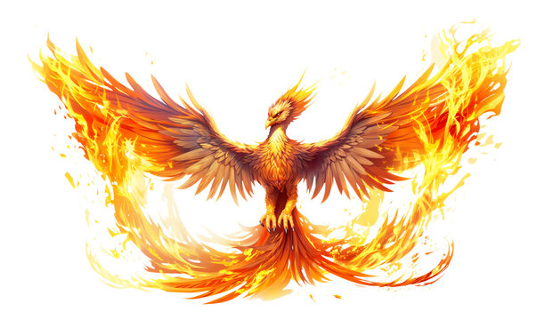 Phoenix on fire png, isolated on white or transparent background, bird burning