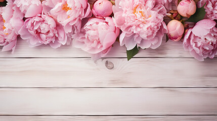  a bunch of pink peonies on a white wooden background.  generative ai