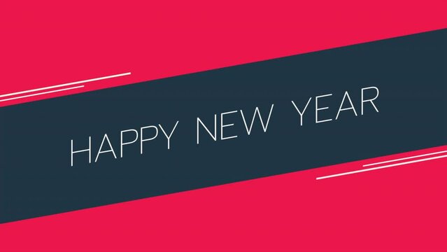 Modern Happy New Year text with lines on red gradient, motion abstract winter holidays, minimalism and promo style background