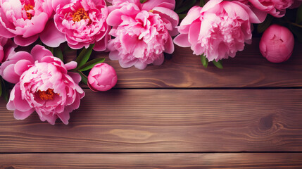  a bunch of pink peonies on a wooden surface.  generative ai