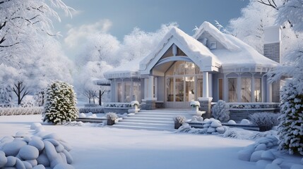 villa house, modern design private home and its garden in winter covered with snow. Entrance of house under snow. 8k,