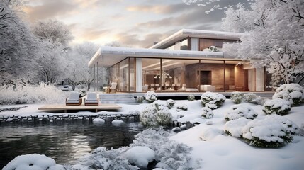 villa house, modern design private home and its garden in winter covered with snow. Garden of house under snow. 8k,