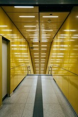 Vertical shot of a yellow hallway with illuminated straight lights