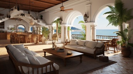 Obraz na płótnie Canvas Villa interior with large sofa, table, chairs and balocny 8k,